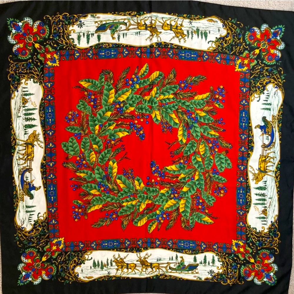 Vintage Italian Christmas Scarf Reindeer Made Italy 1994 Avon Holiday Red Black